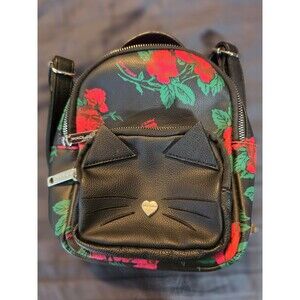 Betsey Johnson Cat Rose Floral Mini Backpack bag purse Black Pink red Zip close